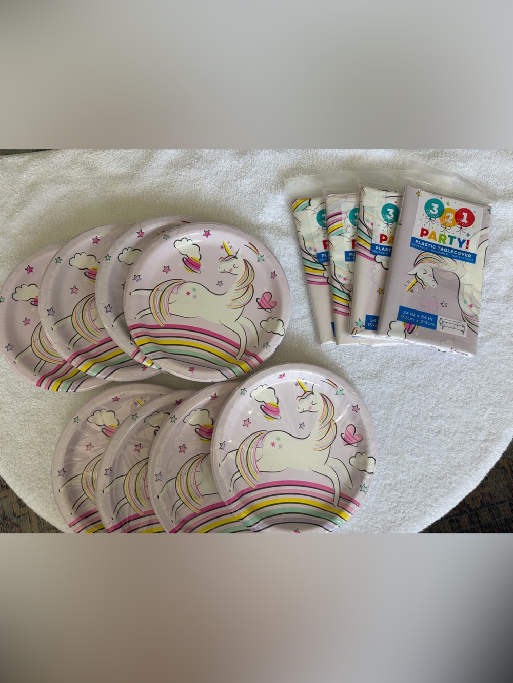Unicorn Rainbow Paper Plates & Tablecover Set - Pink Unicorn Party Tableware